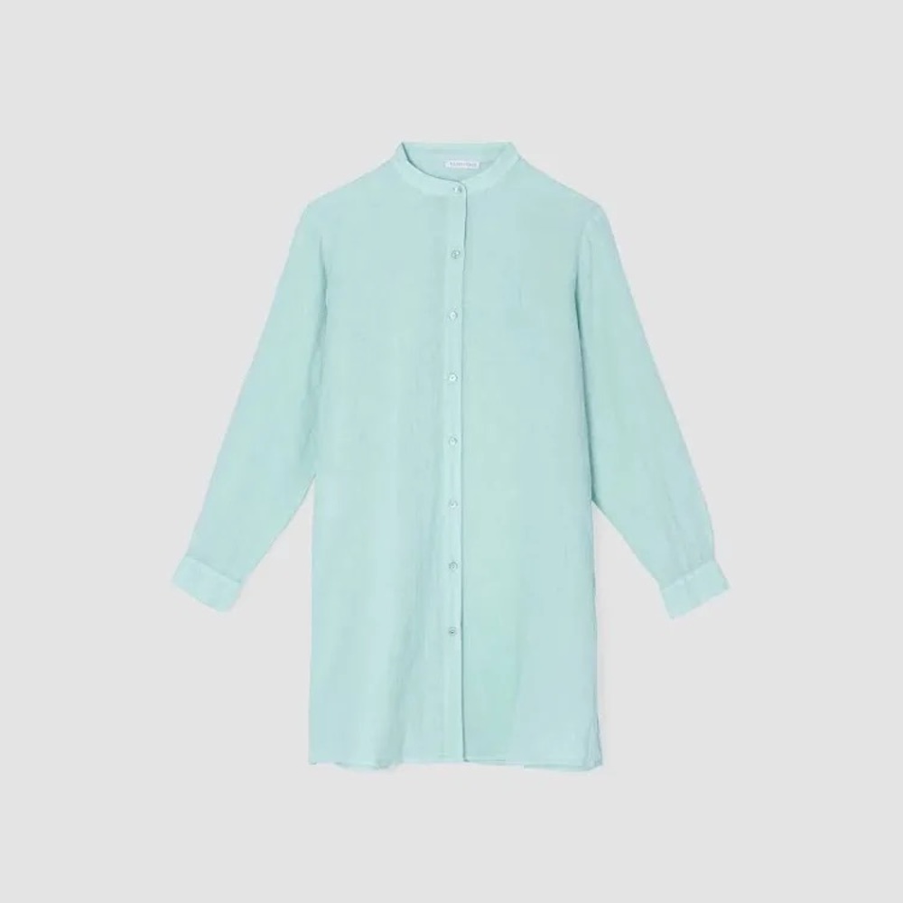 Eileen Fisher Garment-Dyed Handkerchief Linen Mandarin Collar Long Shirt